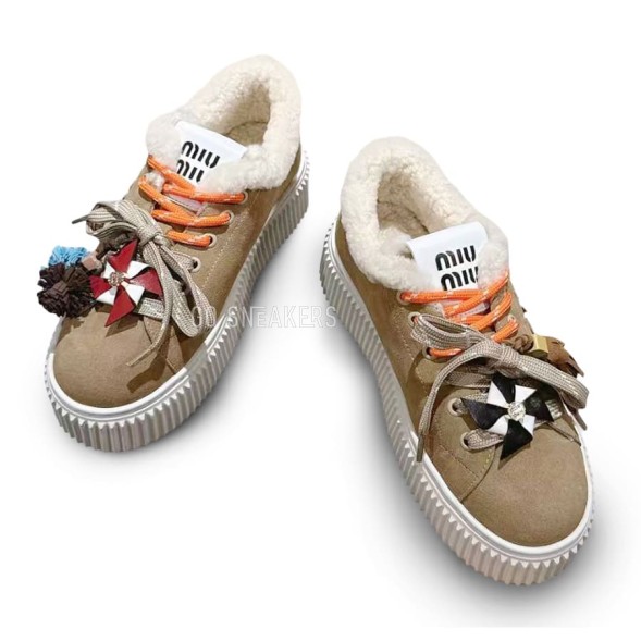 Женские зимние кеды на платформе Miu Miu Winter Sneakers Platform Suede Sand